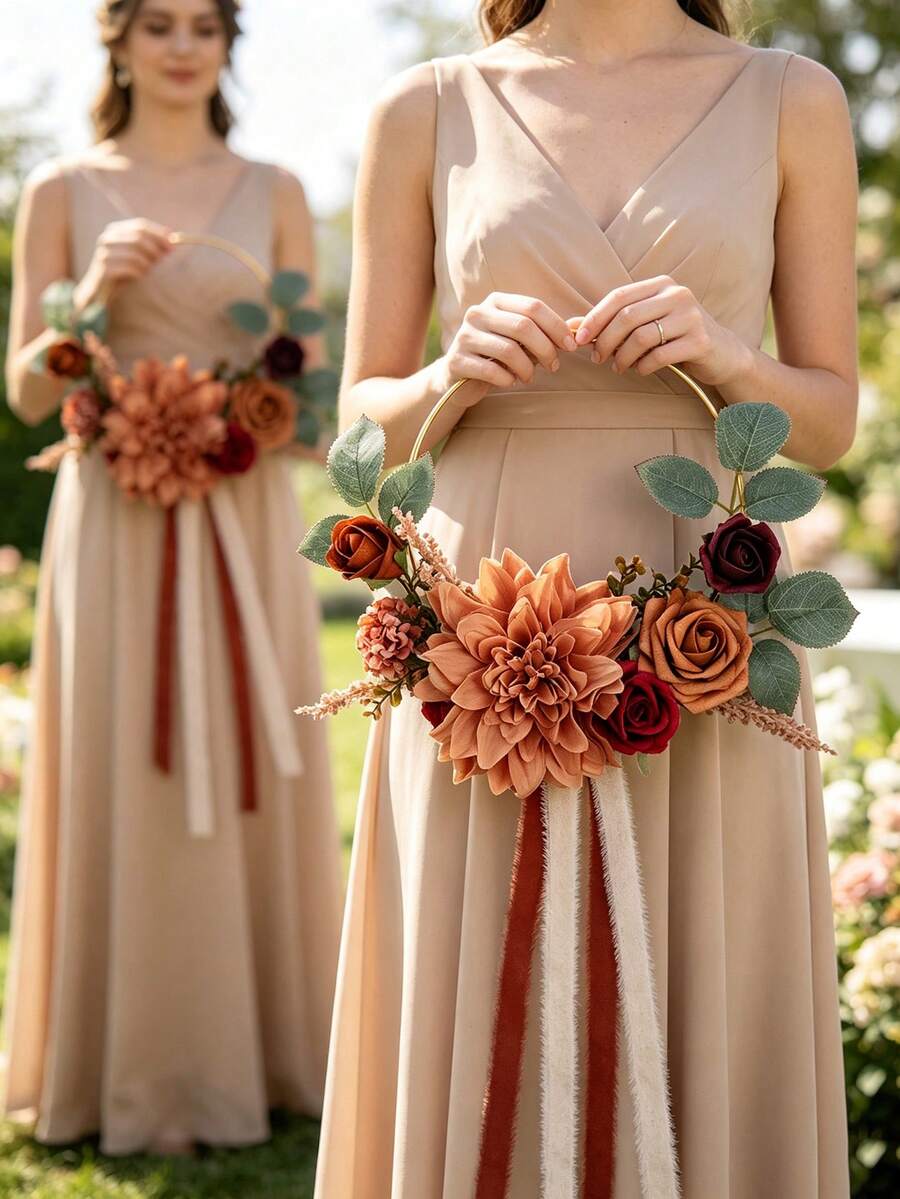 Floral Hoop Wreath Bouquet In Sunset Terracotta,Artificial Flower Wreath For Bridesmaids,Bridal Shower, Ceremony, Anniversary,Rustic Wedding