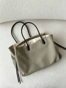 Vintage Premium Thick Canvas Tote Bag, Niche Color Block Commuter Handbag, Casual Versatile Large Capacity Shoulder Bag For Women - Green - View 3