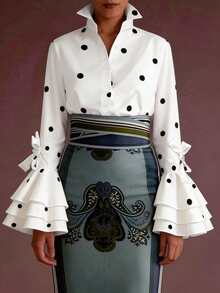 Women's Elegant Vintage Polka Dot Stand Collar Bow Cuff Multi-Layer Ruffle Bell Sleeve Long Sleeve Blouse - White - View 3