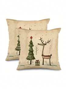 1/2/4Pcs Featuring A Deer And Tree Design In Beige And Green, Perfect For Holiday Decor. They Come With A Zipper Closure, Are Machine Washable, And Ideal For Sofa And Home Decoration - Apricot - View 3