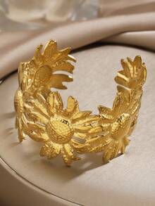 1pc Stainless Steel Fashionable Exaggerated Chunky Sunflower Bracelet Suitable For Women's Daily Wear - Yellow Gold - View 5