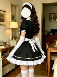 1pc Maid Dress Set, Black & White Color Block, Puff Sleeve With Ruffle Apron, Delicate Lace & Bow Details, Fitted Silhouette Fall - White - View 5