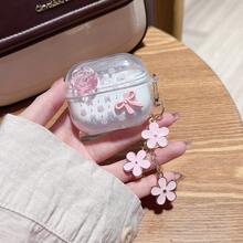 Pretty 3D Camellia Bow Anti-Drop Soft Shell Earphone Case + Pink Flower Keychain Pendant Compatible With Samsung Galaxy Buds 4/4pro/3pro/Core/2pro/FE/Core/3FE/LIVE Wireless Bluetooth Earphone Protective Case - Pink Camellia - View 1