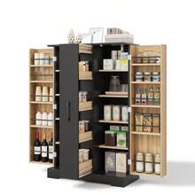 Kitchen Cabinet With Spice Rack, Spacious Double Door Cabinet With 4-Tier Vertical Extension, Adjustable Shelves And Modern Design - 120 * 78 * 35 Cm, Black And Natural, 78 X 35 X 120 Cm - Black - View 6