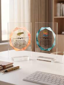 1pc Personalized Award Plaque With Stand, Custom Logo And Text Octagon Marble Pattern Trophy, Customizable Desktop Honor Plaque For Corporate Employee Appreciation, Retirement, Award Ceremony Souvenir - Multicolor - View 3