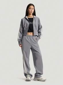 Adidas Women's DCE KN PNT Knit Contrast Color Striped Sports Pants KX8908 - Light Grey - View 6