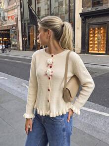 Women's Cute Knitted Cardigan, Long Sleeve Ribbed Asymmetric Hem Top With Heart-Shaped Buttons And Ruffle Trim, Casual Autumn/Winter Outfit - Apricot - View 1