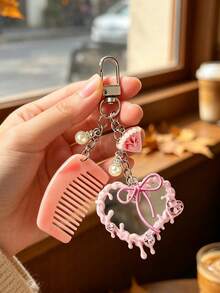 Lovely Keychain Charm Acetate Alloy Hair Comb Design Heart Mirror,For Handbag Crossbody Bag Phone Car Keyring Accessory, For Women Girls Daily - Multicolor - View 3