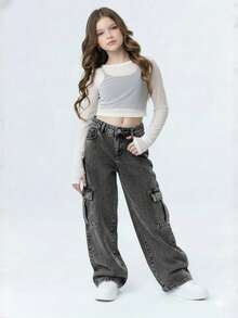 Calça Cargo Wide Leg Jeans para Meninas Chumbo Grafite Marmorizada Preto Com Bolso Chique Estilosa Moda de Rua Tumblr - Preto - Visão 6