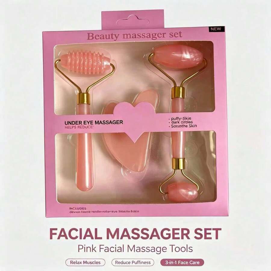 3pcs Plastic Imitation Jade Spiky Roller Gua Sha Board Set, Imitation Rose Quartz Heart-Shaped Facial Massager For Beauty And Skin Firming - Purple - View 1