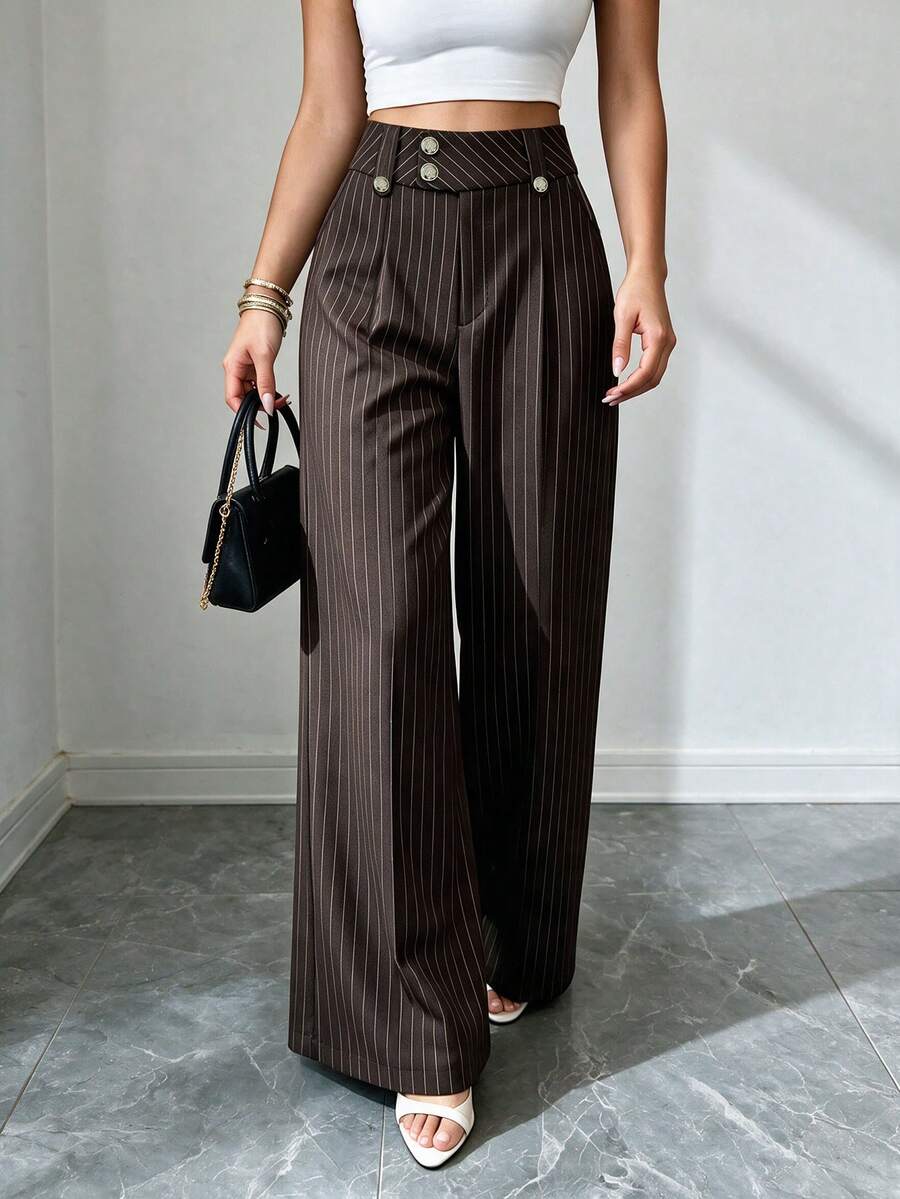 Celana Panjang Wanita Pinggang Tinggi Bergaris Model Lebar dengan Saku, Kancing Emas, Celana Setelan Lurus, Serbaguna untuk Semua Musim, Cocok untuk Perjalanan, Kencan, dan Acara Akhir Pekan. - Coffee Brown - View 1