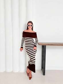 Women's Stylish Striped Bardot Dress - Brown - View 3