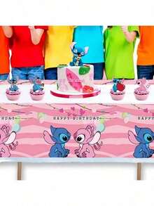 Hot-Selling Pink Stitch Theme Cartoon Stitch Birthday Banner, Backdrop, Tablecloth, Decoration Hanging Set, Birthday Party Decor - Multicolor - View 6