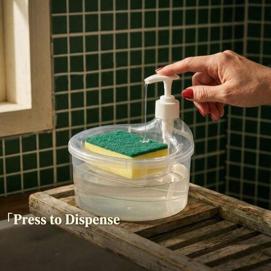 1pc Manual Squeeze Bottle With Automatic Refill Dispenser, Kitchen Cleaning Tool, Kitchen Storage, Suitable For Kitchen Sink, Bathroom Decor, Autumn Decor And Back To School Season, Includes Sponge Brush Set And Large Capacity Dish Soap Dispenser