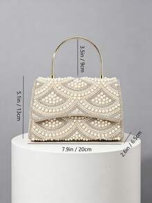 1pc Beige Heavy Embellished Pearl & Rhinestone Handheld Evening Bag, Fan-Shaped Beaded Pattern, Metal Ring Handle, Flap Design, Bridal Dress Bag, Wedding Banquet Party, Can Be Paired With Chain Crossbody - Beige - View 2