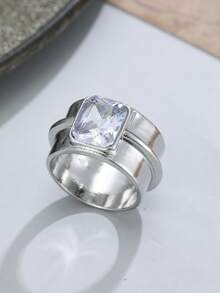 ZHIXUN 1pc Luxury Vintage Wide Band Women's Statement Ring, Inlaid With Synthetic Cubic Zirconia, Fashion Jewelry Accessory, Suitable For Banquets And Parties - Ring - View 2