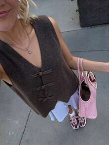 Women's Dark Brown V-Neck Knit Vest, Asymmetric Wrap Bow Button Sleeveless Sweater Waistcoat, Casual Layering Top For Fall Winter - Brown - View 2
