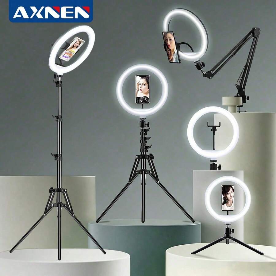 AXNEN 10-Inch Selfie Ring Light With Tripod, LED Ring Light With Phone Holder, Suitable For Video Recording, Live Streaming, Compatible With All Smartphones