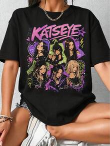 KATSEYE Anime Graffiti Style Graphic T-Shirt, Girl Group Pop, Bold Y2K Aesthetic, Cotton Tee For K-Pop Fans And Daily Streetwear Wear... - Black - View 1