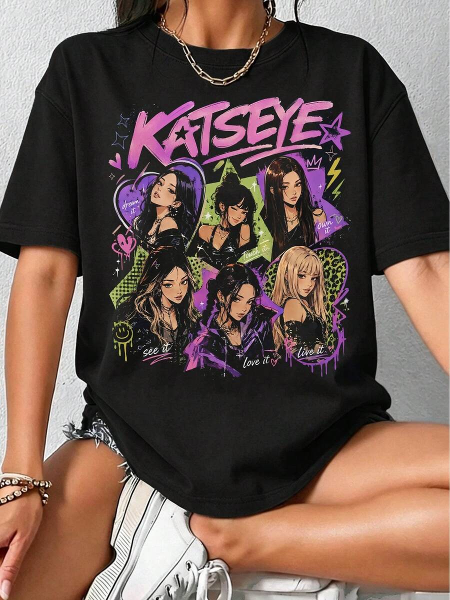 KATSEYE Anime Graffiti Style Graphic T-Shirt, Girl Group Pop, Bold Y2K Aesthetic, Cotton Tee For K-Pop Fans And Daily Streetwear Wear... - Black - View 1