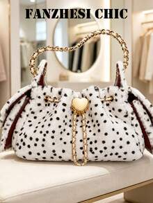 Polka Dot Plush Drawstring Bucket Bag With Heart Metal Lock Chain Handbag, Ruffle Edges On Both Sides, Sweet Girl Style Women's Crossbody Small Bag - White - View 7