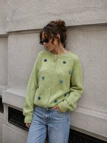 Cardigan Rajut Hijau Vintage Wanita dengan Kancing Bintang, Lengan Raglan Panjang, Leher Bulat, Potongan Reguler - Hijau - View 4