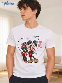 Disney 1pc Men's Short Sleeve T-Shirt, Loose Fit, Mickey Mouse And Minnie Mouse Graphic Print, Round Neck, Slightly Elastic - White - View 1