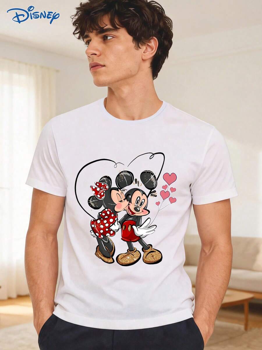 Disney 1pc Men's Short Sleeve T-Shirt, Loose Fit, Mickey Mouse And Minnie Mouse Graphic Print, Round Neck, Slightly Elastic - White - View 1