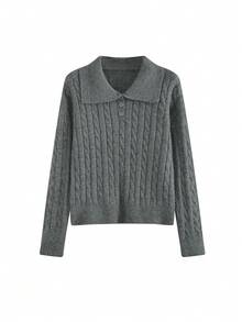 Korean Style Polo Collar Cable Knit Pullover Long Sleeve Sexy Sweater For Women - Dark Grey - View 2