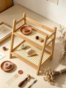 5PCS/1PC Ins Vintage Style Rattan Material Double-Tier Rectangular Shape Featuring Woven Mesh Shelves And Space-Saving Storage Function Desktop Organizer Shelf Suitable For Office Desk And Bedroom Vanity Decoration - Multicolor - View 13