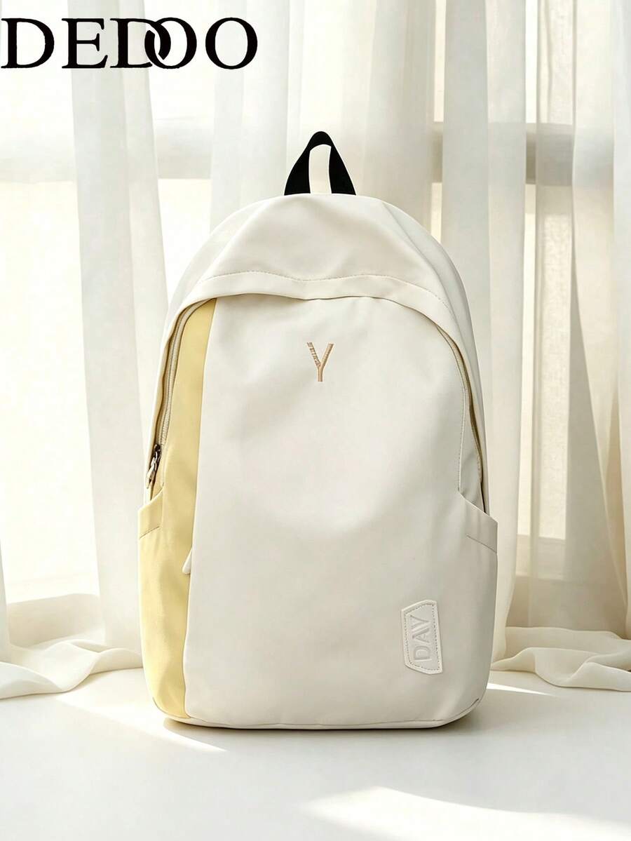 Dedoo Mochila con cremallera de bloques de color, detalles de bordado de letras & etiquetas, gran capacidad, mochila escolar para estudiantes, adecuada para el campus universitario, mochila de regreso a la escuela para estudiantes - Blanco - Ver 1
