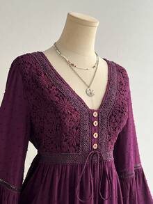 Rusttydustty Women's Bohemian Style Lace Patchwork Bell Sleeve Waist Tie Top In Plum, Suitable For Autumn, Halloween - Purple - View 7
