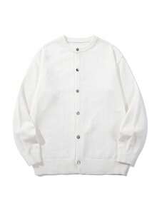 Men's Unisex POLO Collar Cardigan, Casual Business Commute Versatile Streetwear Loose Short Sleeve Striped Colorblock Knit Top, Spring/Summer - White - View 3