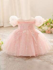 Baby Girls Round Neck 3D Embroidered Shiny Sequin Mesh Cute Flower Girl Dress Suitable For Party And Ball, Headband Not Included - Pink - View 3