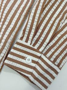 WAIT HIM Men's Casual Striped Half-Placket Long Sleeve Shirt - Khaki - View 9