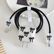 小黑色蝴蝶結與白色珍珠設計手機充電器套裝 20W/18W，充電線保護套，充電頭保護殼，相容 iPhone 13/16/15/14，絕佳禮物選擇 - 黑色 - 查看 4