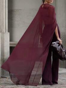 Baju Penutup Panjang Wanita dari Chiffon Transparan, Leher Bulat Tanpa Lengan Model High-Low, Bahan Jala Tenun Polos untuk Musim Panas - Burgundy - View 3