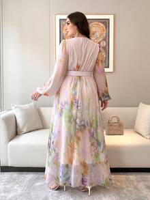 Plus Size Women's New Elegant Romantic Floral Patchwork Design Swing Dress Vacation - Apricot - View 5