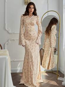 Gaun Wanita Lengan Panjang Satin Motif Bunga yang Elegan - Aprikot - View 4