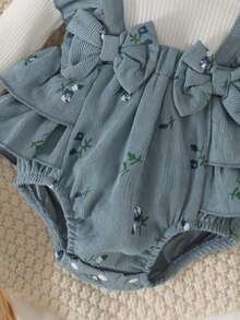1pc Baby Girl Cute Sweet Comfortable Ribbed & Corduroy Patchwork Printed Romper With Headband, Thin Spring/Autumn Forest Style - Dusty Blue - View 6