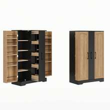 Kitchen Cabinet With Spice Rack, Spacious Double Door Cabinet With 4-Tier Vertical Extension, Adjustable Shelves And Modern Design - 120 * 78 * 35 Cm, Black And Natural, 78 X 35 X 120 Cm - Black - View 7