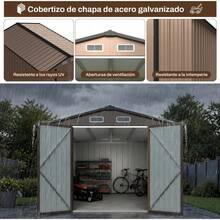 Cobertizo Metálico Para Jardín 238x364cm, Puertas Dobles Con Cerrojo Para Almacenamiento De Herramientas, Caseta Exterior Resistente Para Patio Trasero - Caqui - Ver 4