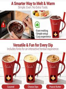 Christmas Ceramic Chocolate Fondue Cup Set With Tea Candle Holder And Forks, Santa Claus Reindeer Tree Pattern Heat-Resistant Hot Chocolate Melting Pot, Holiday Dessert Dipping Bowl For Strawberries Marshmallows, Christmas Party Tableware Gift - Multicolor - View 4