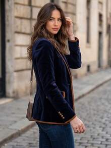 Elegant Women's Velvet Jacket - Sleeves, Button Front, Solid Color, Polyester Fabric Outerwear, Suitable For Spring And Autumn - Royal Blue - View 3