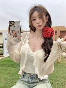女款藍色蕾絲飾邊V領罩衫，可愛返校風夏季披肩，輕量休閒春季外搭，唯美風格 - 杏色 - 查看 6