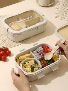 1pc Lunch Box With Soup Bowl (Food Container), Foldable Spoon, Microwave , Dishwasher , Suitable For School, Travel, Picnic, Work (Beige) - Multicolor - View 5