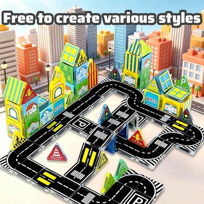 Magnetic Building Blocks Camouflage City + Road Toy, Mini Magnetic Travel Toy, Construction Set Magnetic Toy, STEM Sensory Learning Puzzle Toy, Best Birthday, Back To School, Halloween, Christmas Gift, Magnetic Toy, Magnetic Game. Suitable For Children 3 Years And Above