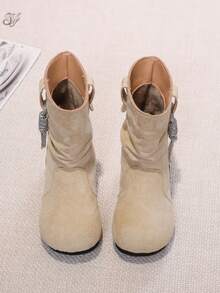 Toddler Loose Mid-Calf Boots, Ruched Detail, Solid Color Soft Suede-Like Flat Casual Shoes, Unisex Kids Autumn/Winter Daily Outdoor Wear - Beige - View 5
