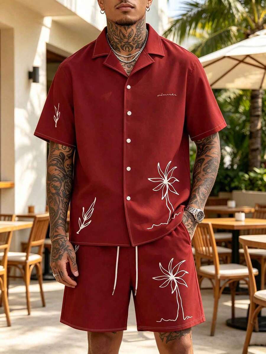 Men's 2 Pieces Red Palm Tree Print Beach Shirt And Matching Shorts Set - Multicolor - View 1