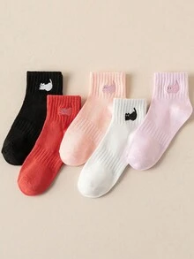1/5双装 女士黑色、白色、粉色可爱猫咪刺绣弹力腰带舒适柔软休闲、学校、运动袜 - 彩色 - 查看 4